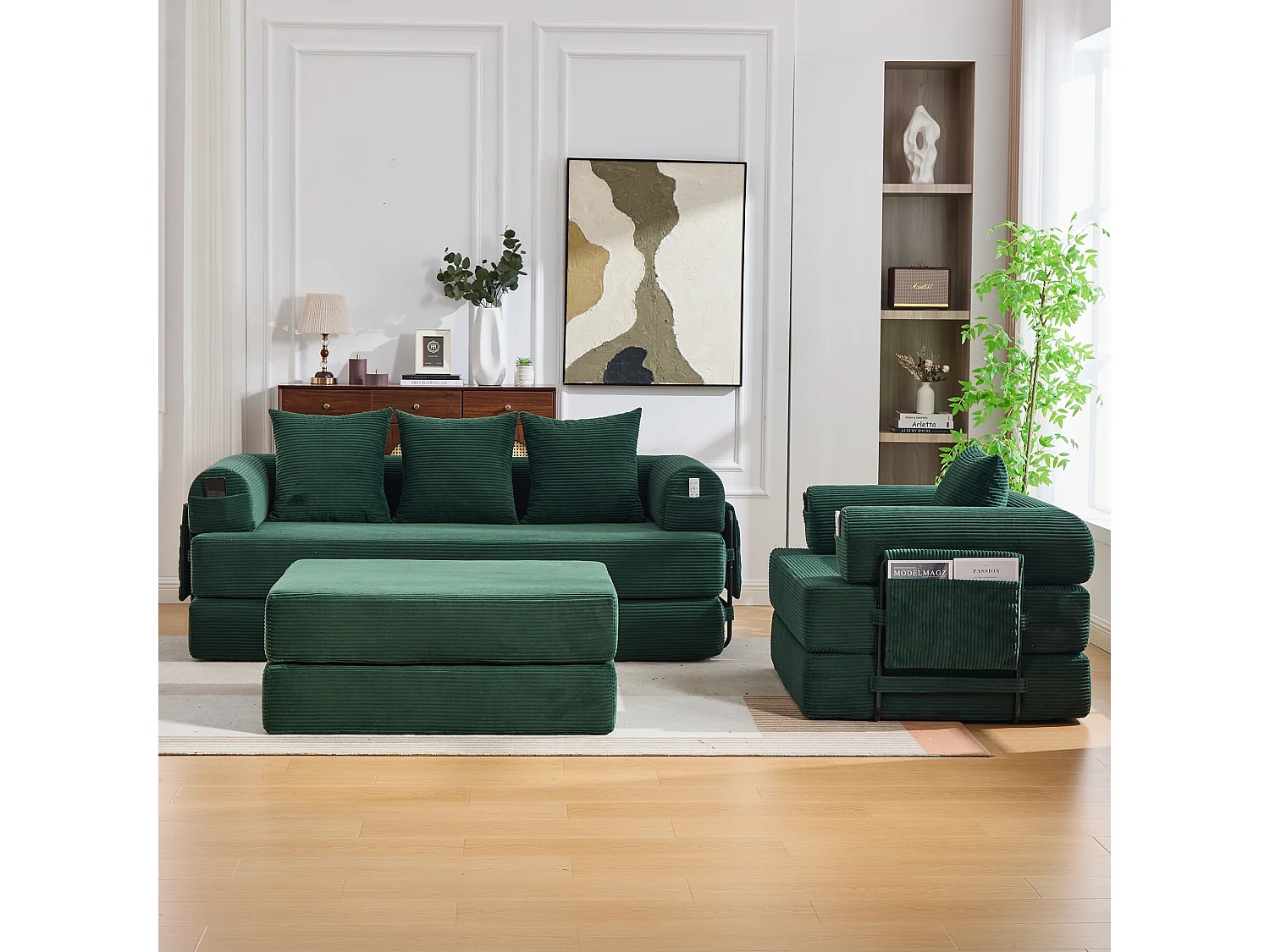Modulaire 4-zitsbankset - 200 x 190 x 67 cm - met 4 kussens + 1 fauteuil - corduroy - groen