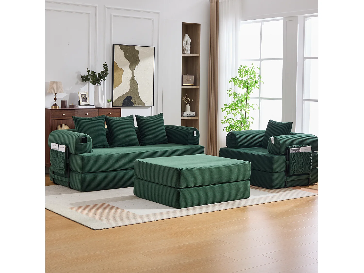 Modulaire 4-zitsbankset - 200 x 190 x 67 cm - met 4 kussens + 1 fauteuil - corduroy - groen