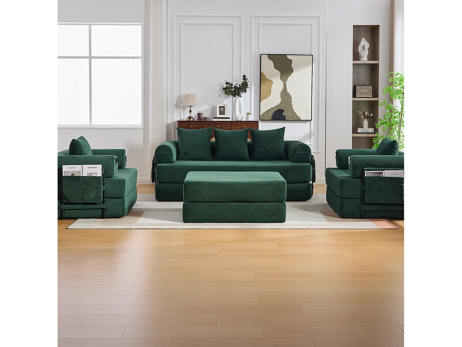 Modulaire 4-zitsbankset - 200 x 190 x 67 cm - met 4 kussens + 1 fauteuil - corduroy - groen