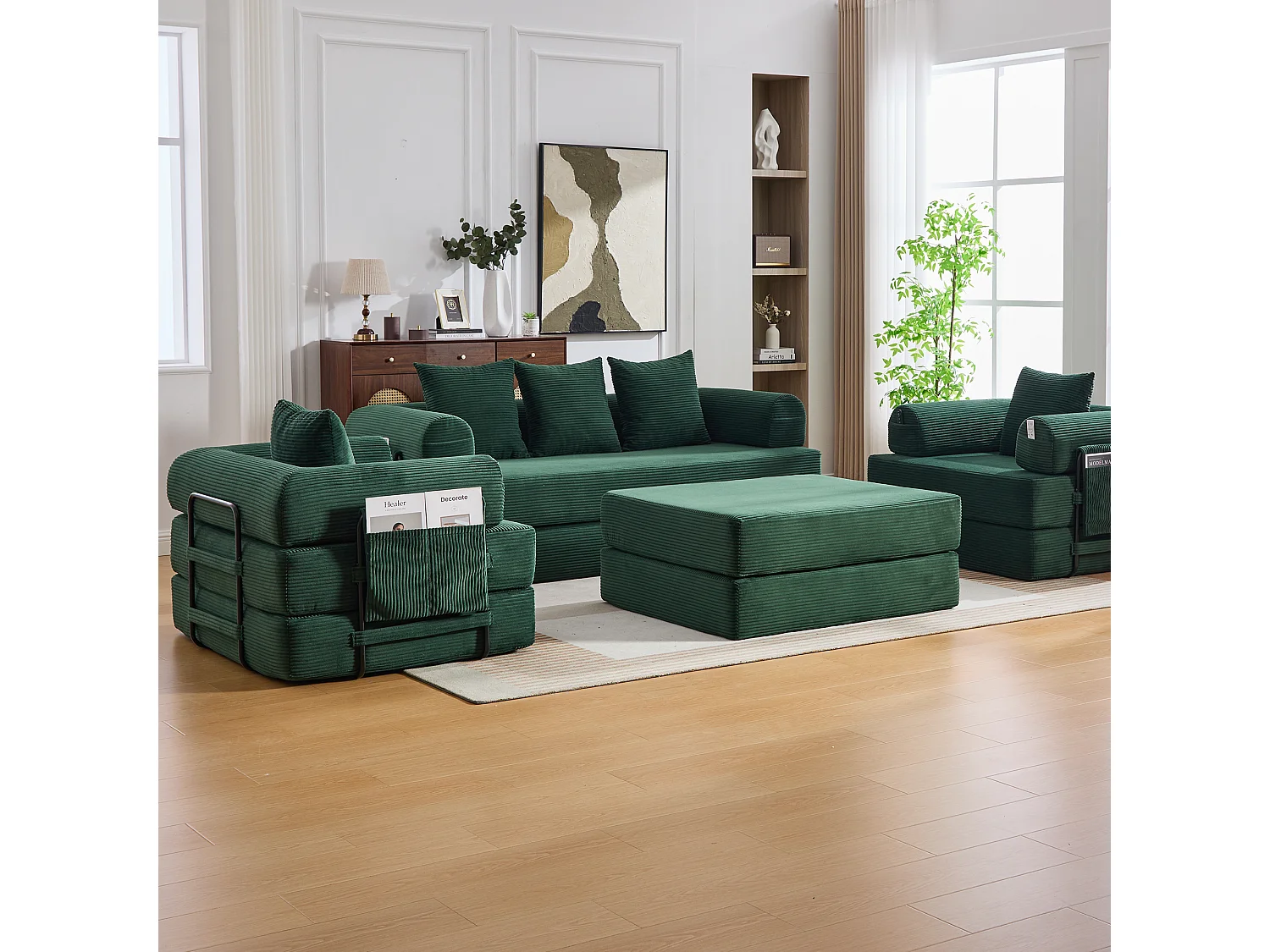 Modulaire 4-zitsbankset - 200 x 190 x 67 cm - met 4 kussens + 1 fauteuil - corduroy - groen