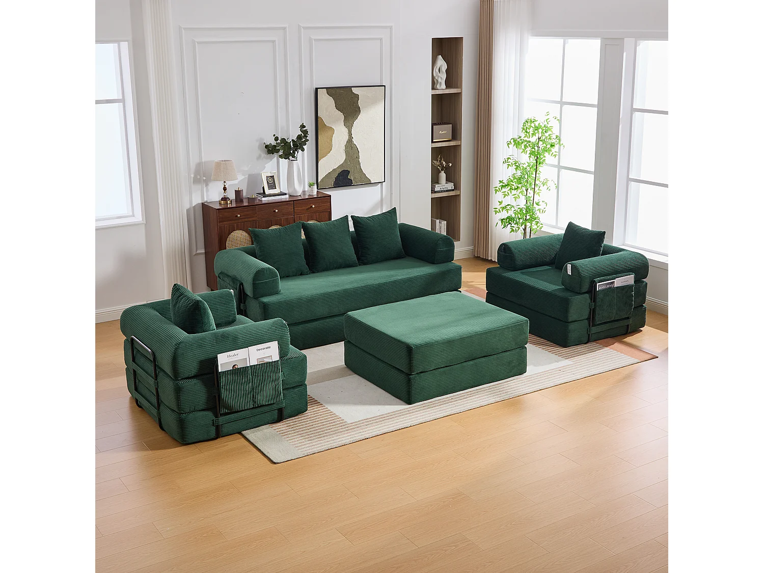 Modulaire 4-zitsbankset - 200 x 190 x 67 cm - met 4 kussens + 1 fauteuil - corduroy - groen