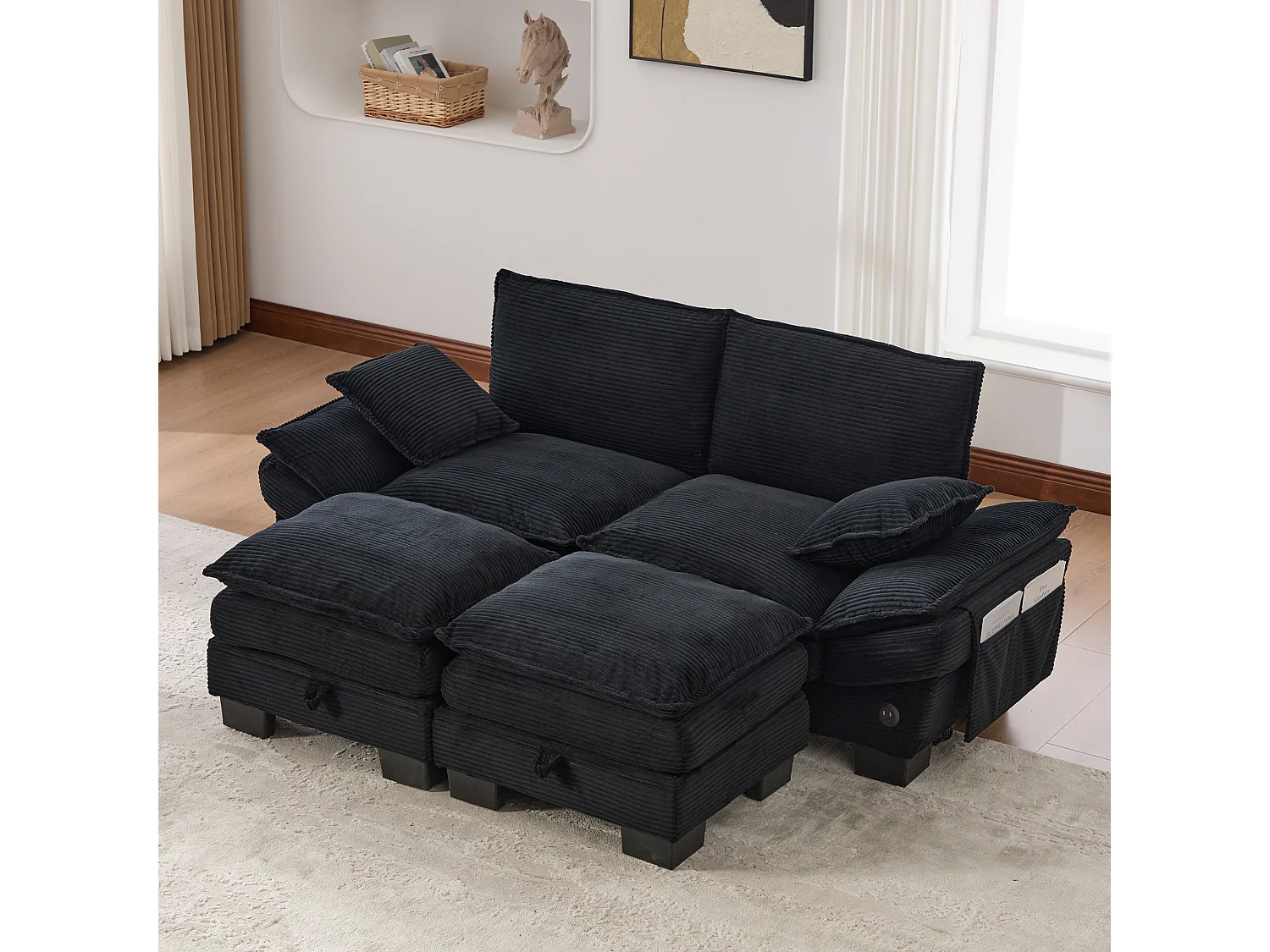 Zweisitzer-Cordsofa-Set – 190 x 132 x 84 cm – mit 2 Aufbewahrungshockern, USB-Anschluss und Taschen – schwarz