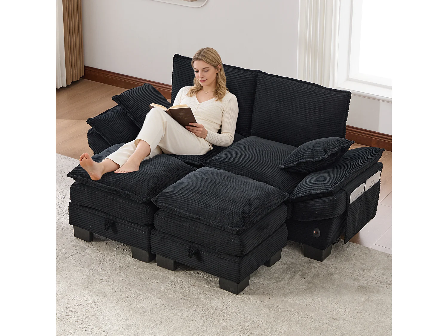 Zweisitzer-Cordsofa-Set – 190 x 132 x 84 cm – mit 2 Aufbewahrungshockern, USB-Anschluss und Taschen – schwarz