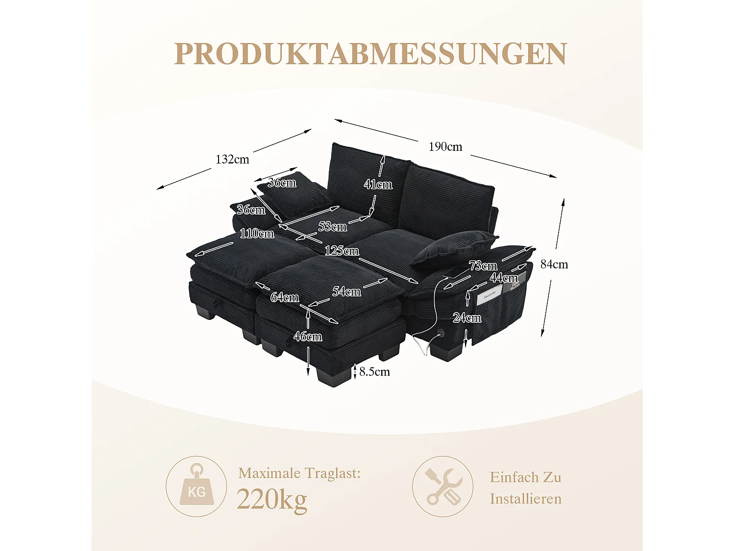 Zweisitzer-Cordsofa-Set – 190 x 132 x 84 cm – mit 2 Aufbewahrungshockern, USB-Anschluss und Taschen – schwarz