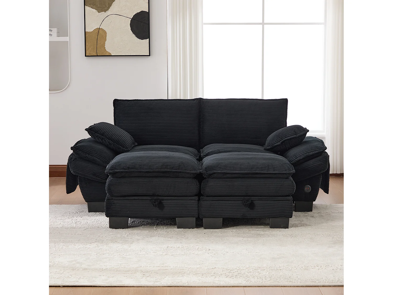 Zweisitzer-Cordsofa-Set – 190 x 132 x 84 cm – mit 2 Aufbewahrungshockern, USB-Anschluss und Taschen – schwarz