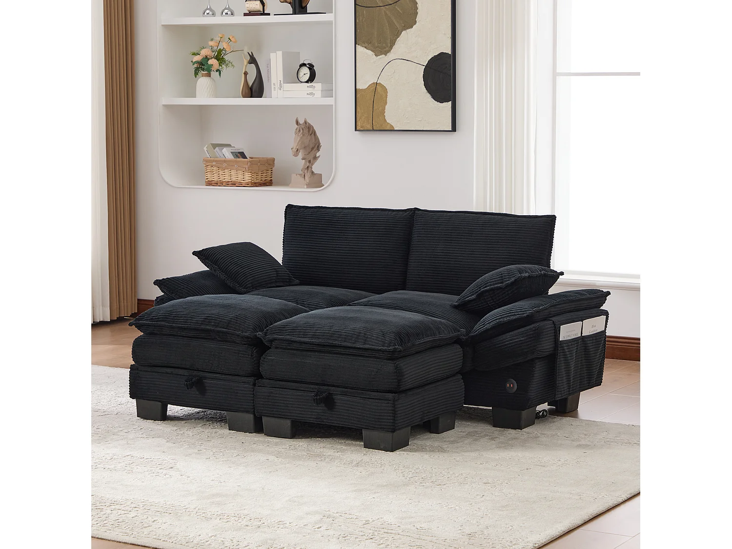 Zweisitzer-Cordsofa-Set – 190 x 132 x 84 cm – mit 2 Aufbewahrungshockern, USB-Anschluss und Taschen – schwarz