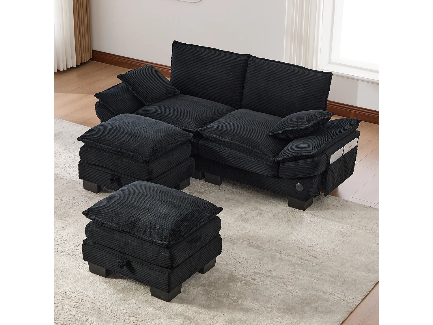 Zweisitzer-Cordsofa-Set – 190 x 132 x 84 cm – mit 2 Aufbewahrungshockern, USB-Anschluss und Taschen – schwarz