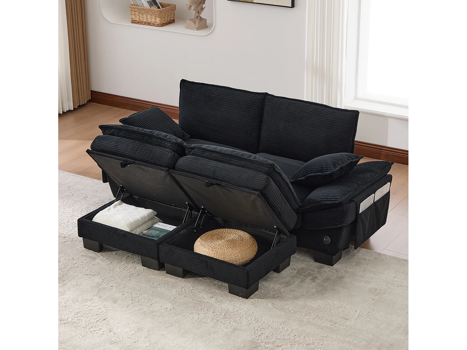 Zweisitzer-Cordsofa-Set – 190 x 132 x 84 cm – mit 2 Aufbewahrungshockern, USB-Anschluss und Taschen – schwarz