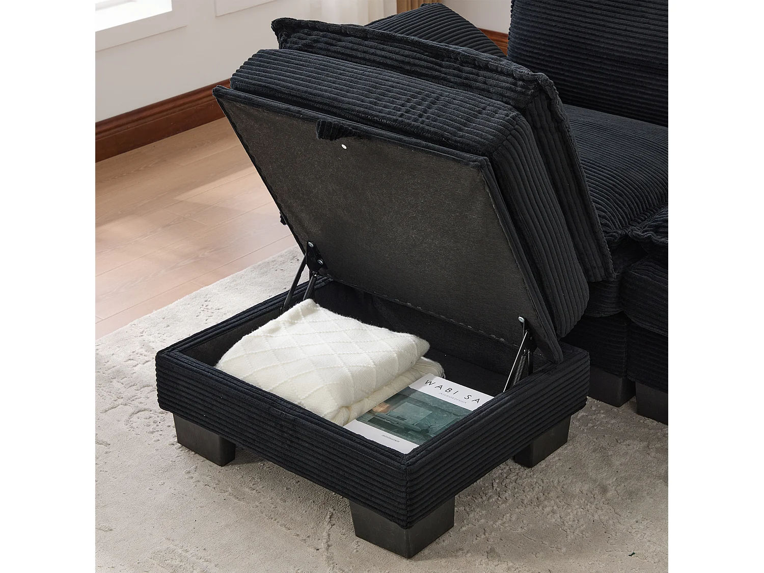 Zweisitzer-Cordsofa-Set – 190 x 132 x 84 cm – mit 2 Aufbewahrungshockern, USB-Anschluss und Taschen – schwarz