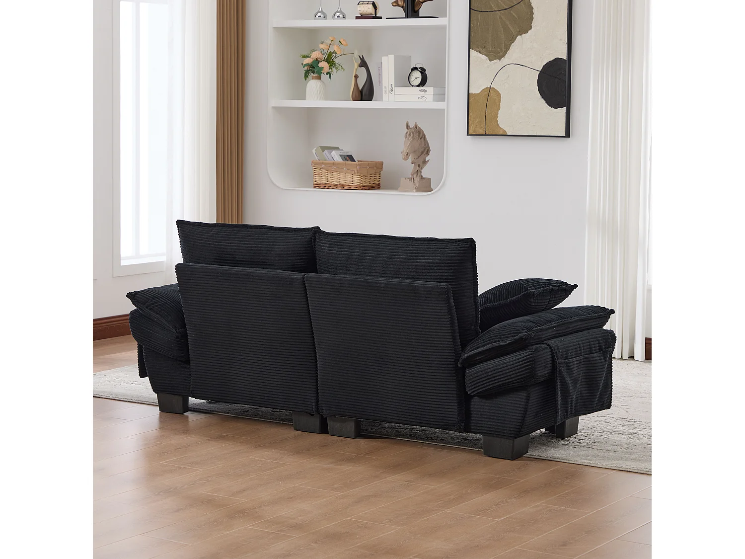Zweisitzer-Cordsofa-Set – 190 x 132 x 84 cm – mit 2 Aufbewahrungshockern, USB-Anschluss und Taschen – schwarz