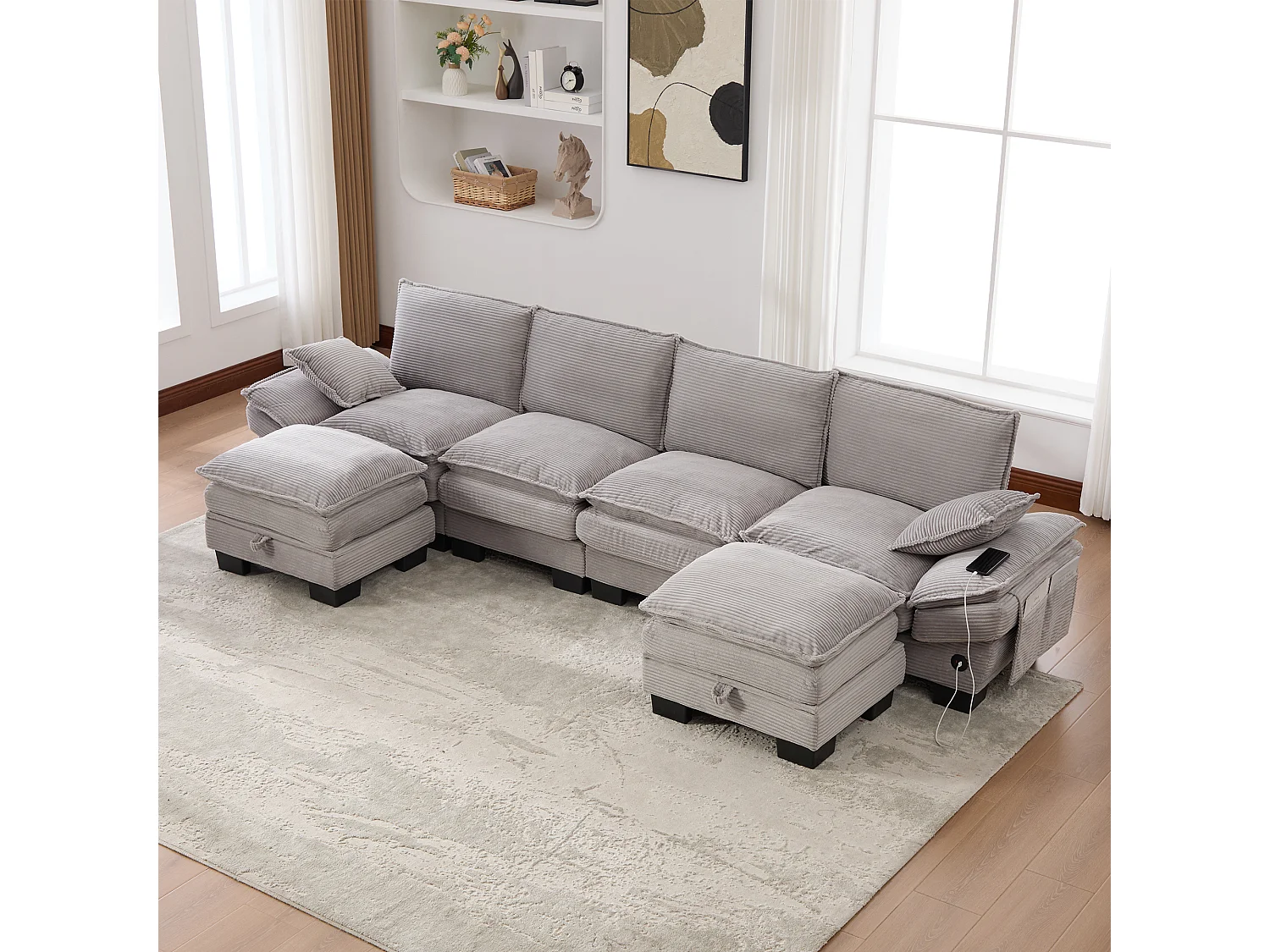 Zestaw wypoczynkowy z tkaniny sztruksowej dla 4 osób - 330 x 132 x 84 cm - z 2 pufami ze schowkiem + port USB + kieszenie - szary