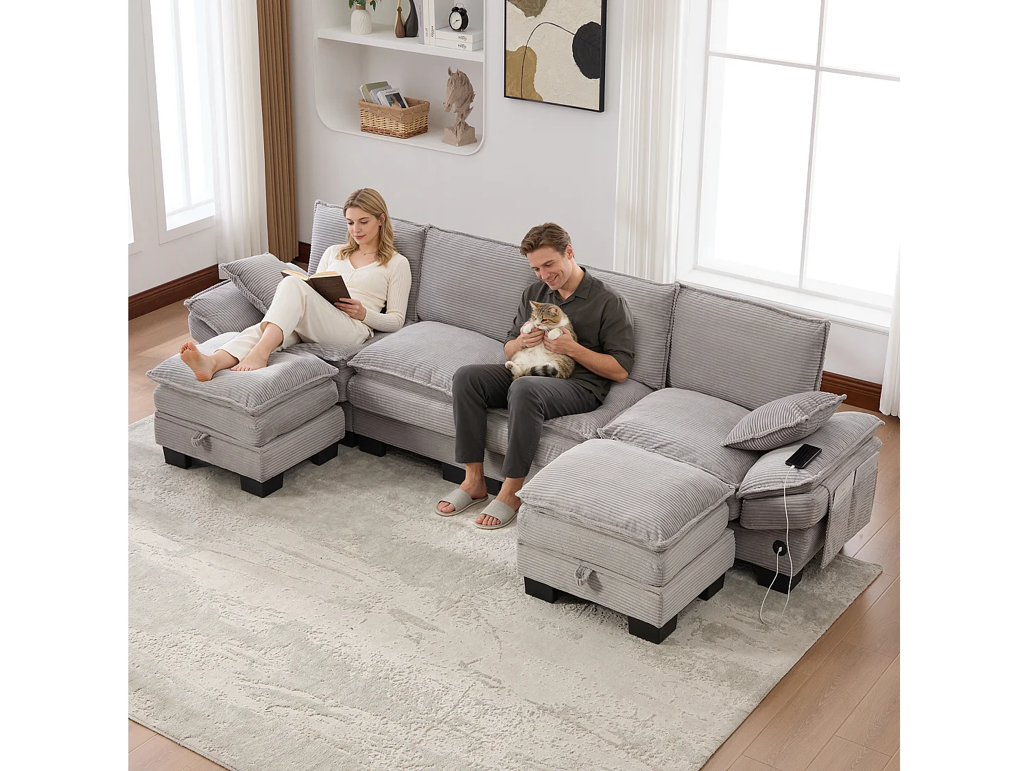 Zestaw wypoczynkowy z tkaniny sztruksowej dla 4 osób - 330 x 132 x 84 cm - z 2 pufami ze schowkiem + port USB + kieszenie - szary