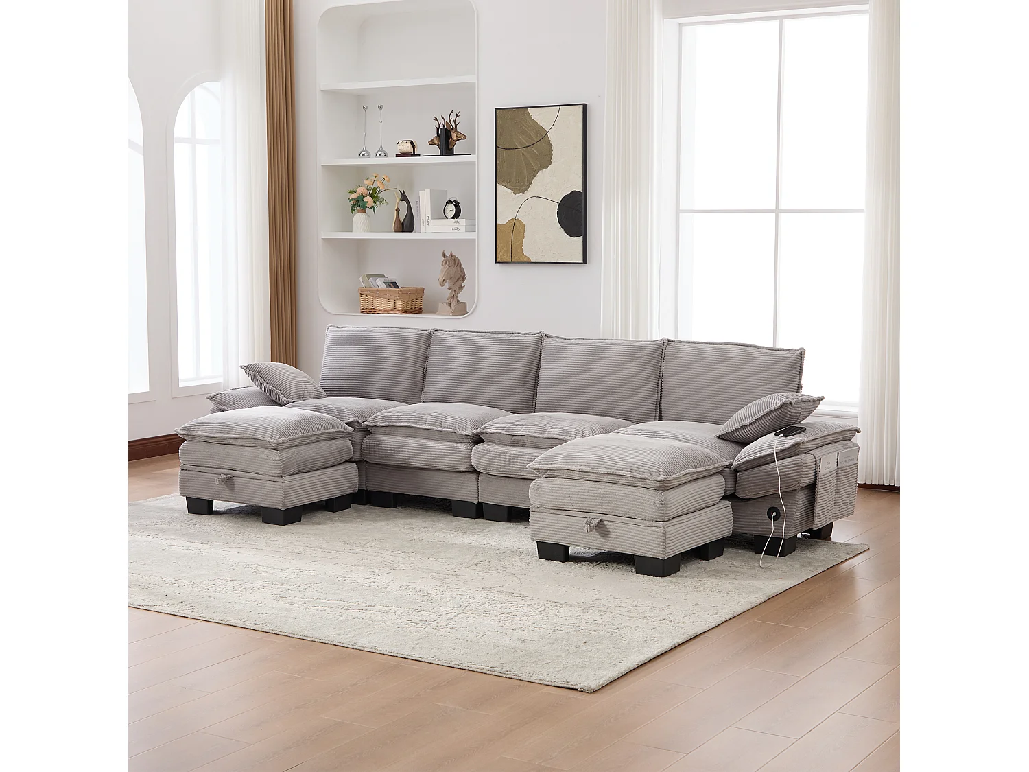 Zestaw wypoczynkowy z tkaniny sztruksowej dla 4 osób - 330 x 132 x 84 cm - z 2 pufami ze schowkiem + port USB + kieszenie - szary