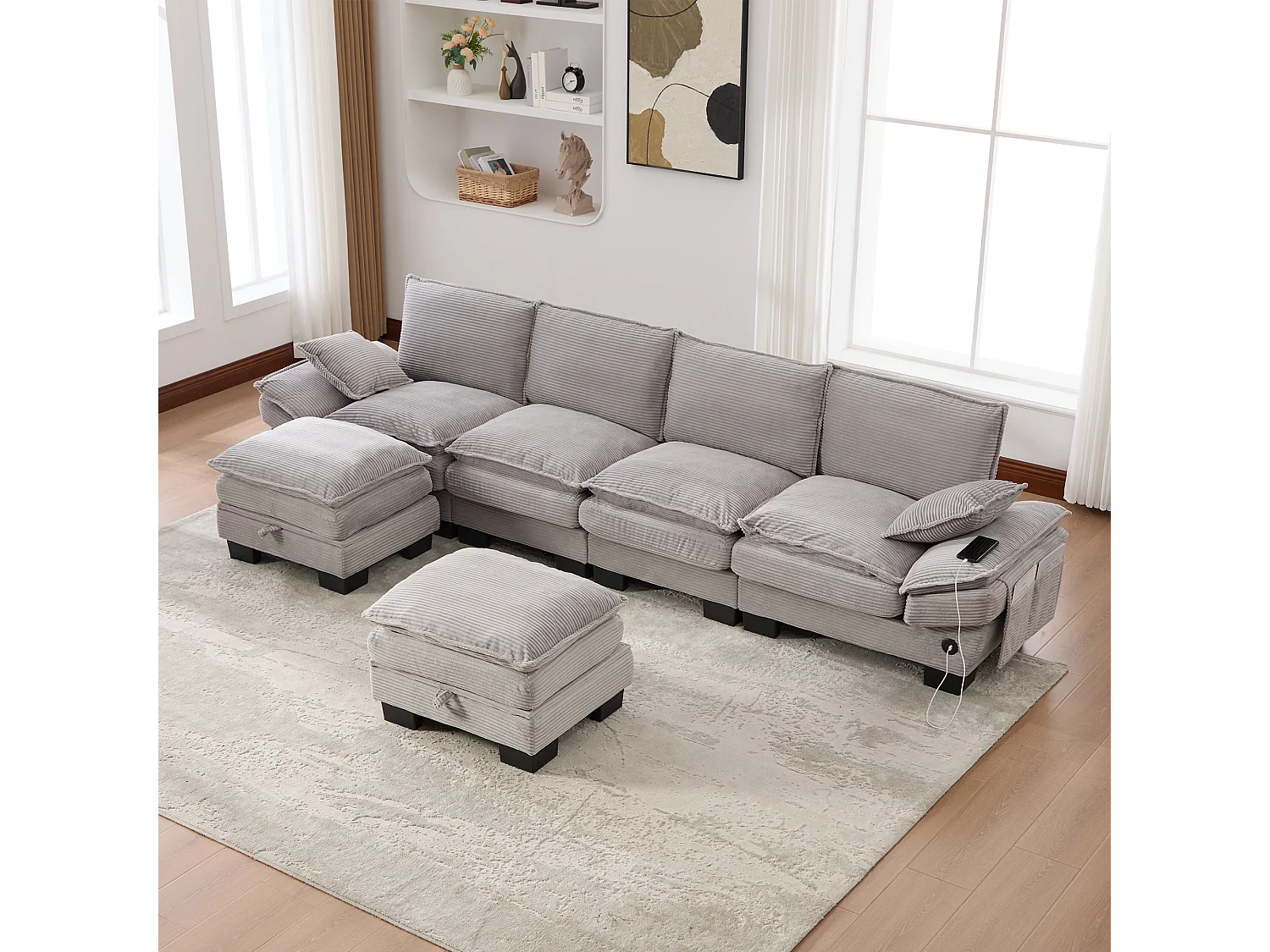 Zestaw wypoczynkowy z tkaniny sztruksowej dla 4 osób - 330 x 132 x 84 cm - z 2 pufami ze schowkiem + port USB + kieszenie - szary