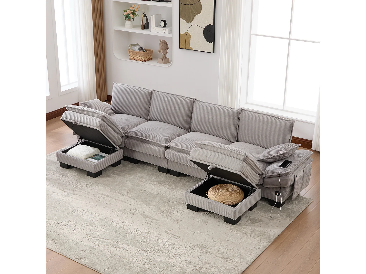 Zestaw wypoczynkowy z tkaniny sztruksowej dla 4 osób - 330 x 132 x 84 cm - z 2 pufami ze schowkiem + port USB + kieszenie - szary