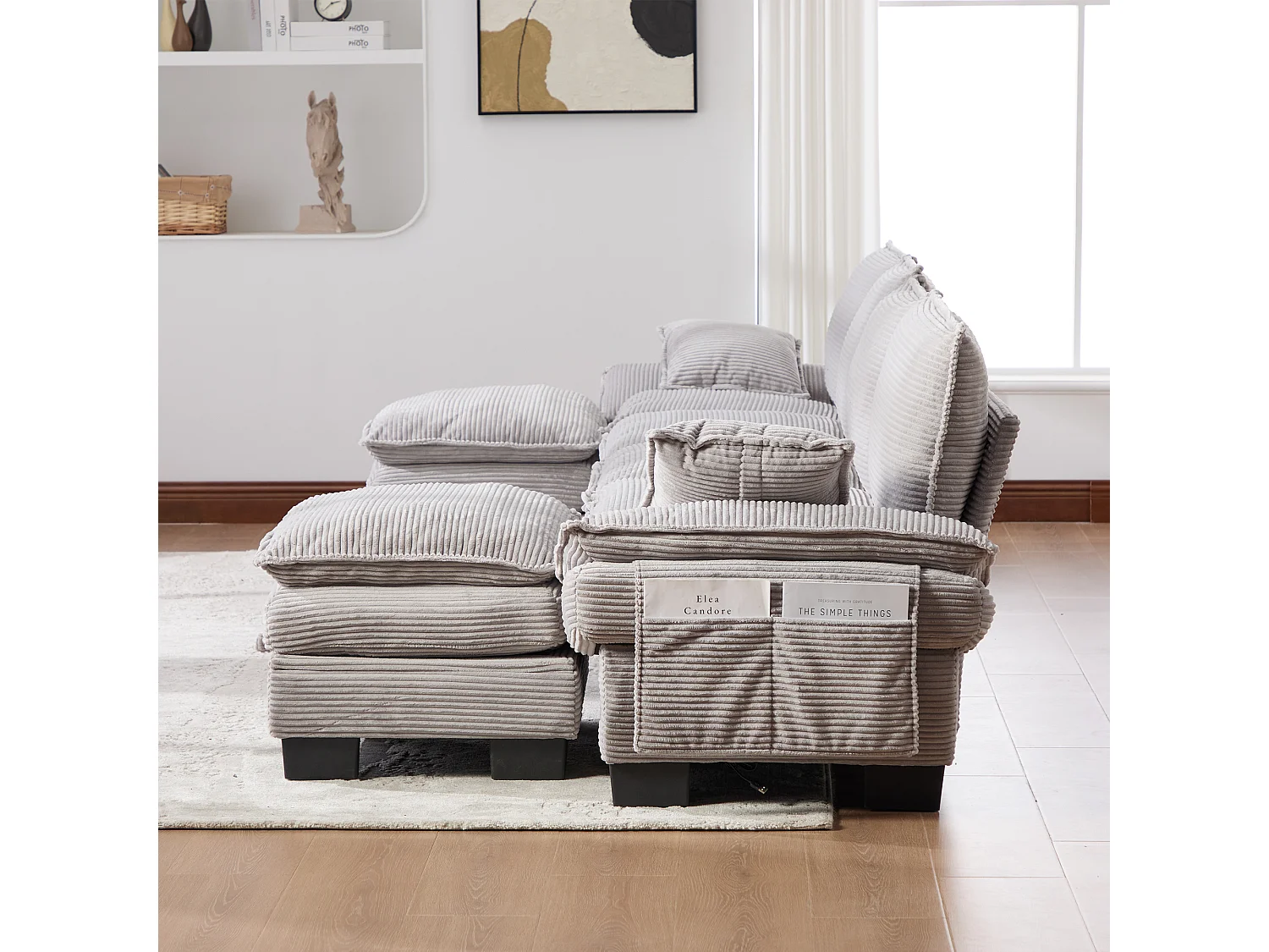 Zestaw wypoczynkowy z tkaniny sztruksowej dla 4 osób - 330 x 132 x 84 cm - z 2 pufami ze schowkiem + port USB + kieszenie - szary