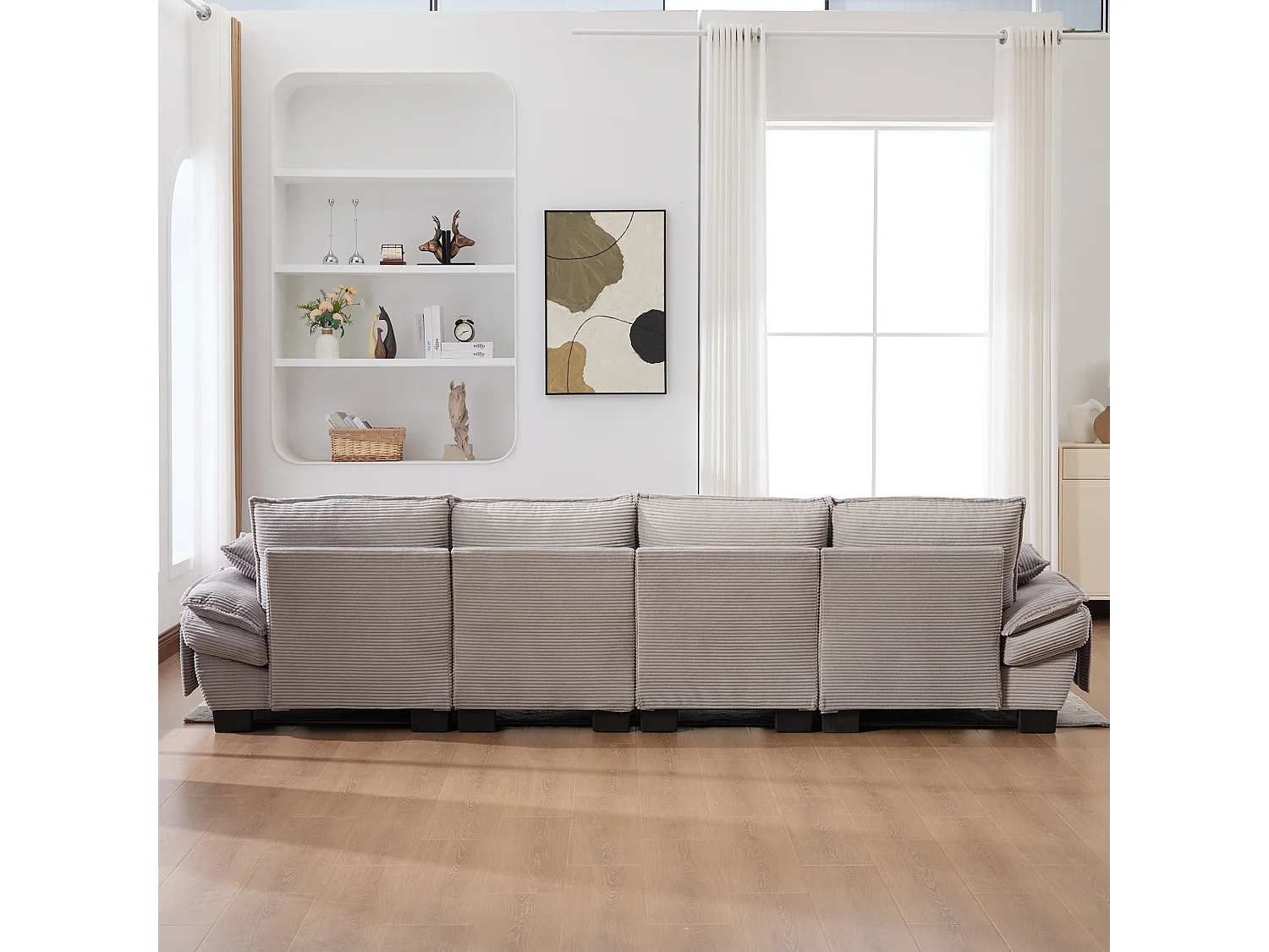 Zestaw wypoczynkowy z tkaniny sztruksowej dla 4 osób - 330 x 132 x 84 cm - z 2 pufami ze schowkiem + port USB + kieszenie - szary