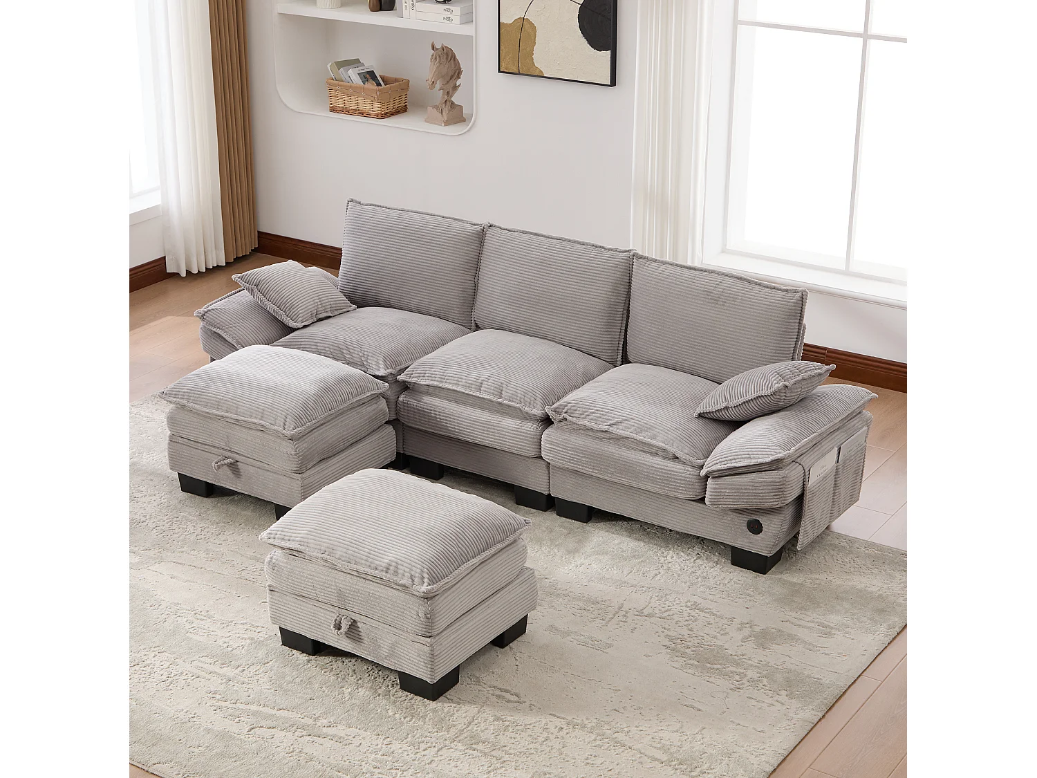 3-Sitzer-Cordsofa-Set – 260 x 132 x 84 cm – mit 2 Aufbewahrungshockern, USB-Anschluss und Taschen – hellgrau