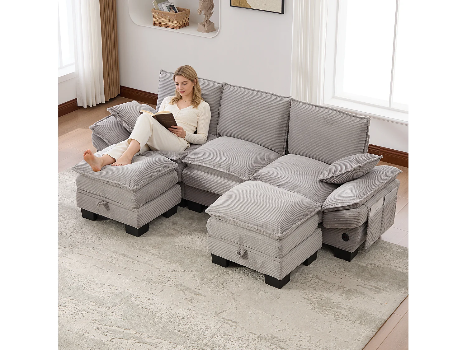 3-Sitzer-Cordsofa-Set – 260 x 132 x 84 cm – mit 2 Aufbewahrungshockern, USB-Anschluss und Taschen – hellgrau