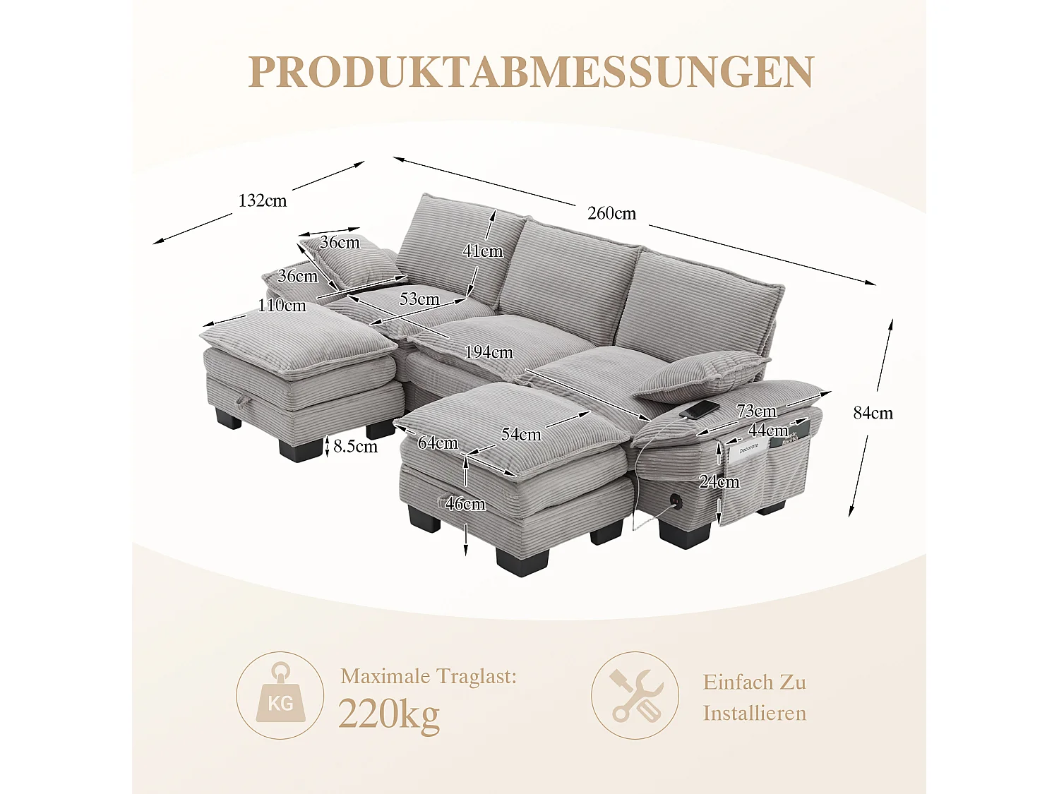 3-Sitzer-Cordsofa-Set – 260 x 132 x 84 cm – mit 2 Aufbewahrungshockern, USB-Anschluss und Taschen – hellgrau