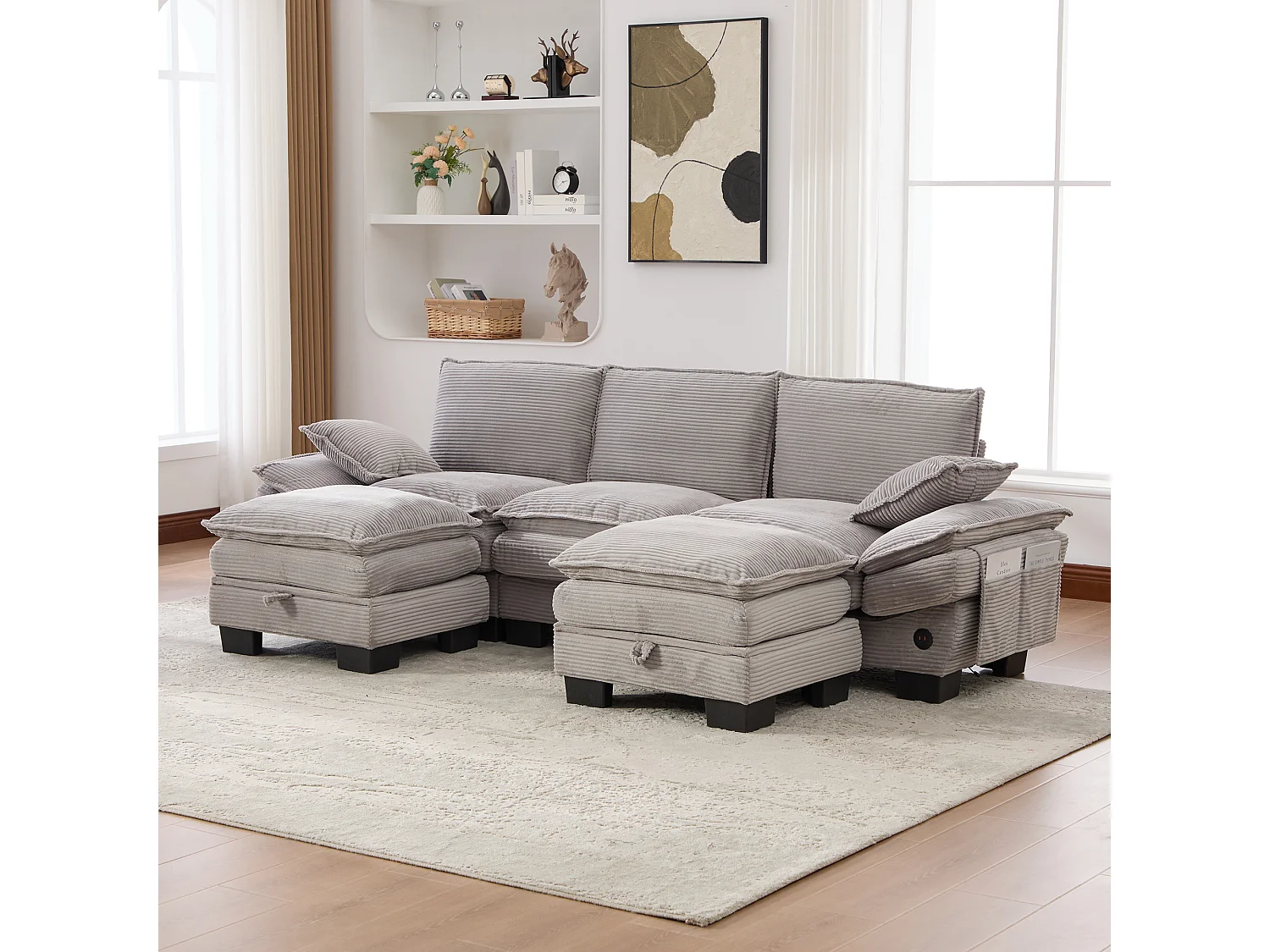 3-Sitzer-Cordsofa-Set – 260 x 132 x 84 cm – mit 2 Aufbewahrungshockern, USB-Anschluss und Taschen – hellgrau