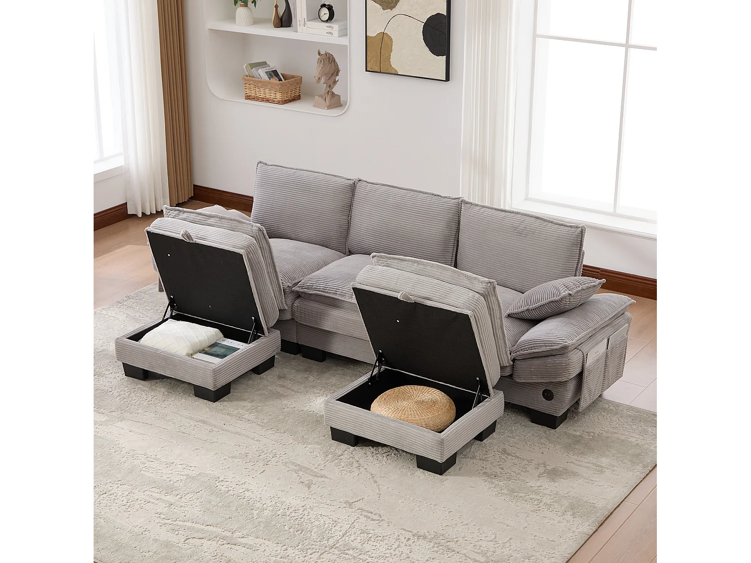 3-Sitzer-Cordsofa-Set – 260 x 132 x 84 cm – mit 2 Aufbewahrungshockern, USB-Anschluss und Taschen – hellgrau