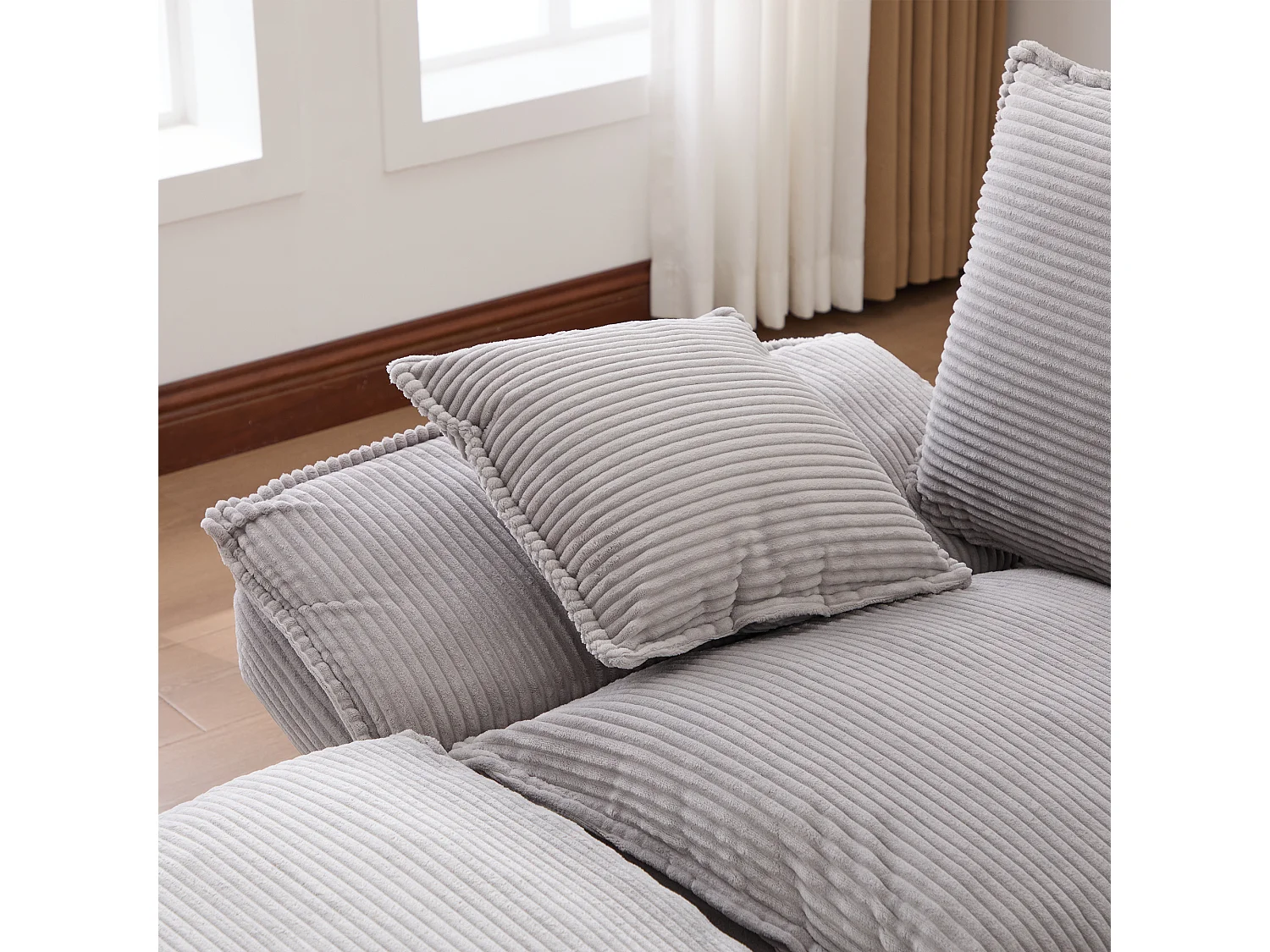 3-Sitzer-Cordsofa-Set – 260 x 132 x 84 cm – mit 2 Aufbewahrungshockern, USB-Anschluss und Taschen – hellgrau