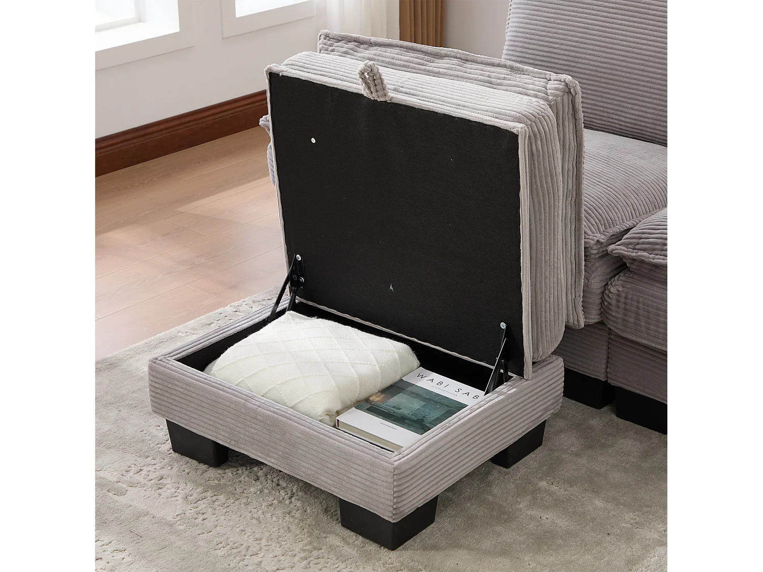 3-Sitzer-Cordsofa-Set – 260 x 132 x 84 cm – mit 2 Aufbewahrungshockern, USB-Anschluss und Taschen – hellgrau