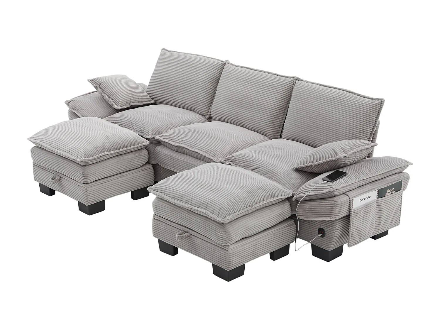 3-Sitzer-Cordsofa-Set – 260 x 132 x 84 cm – mit 2 Aufbewahrungshockern, USB-Anschluss und Taschen – hellgrau