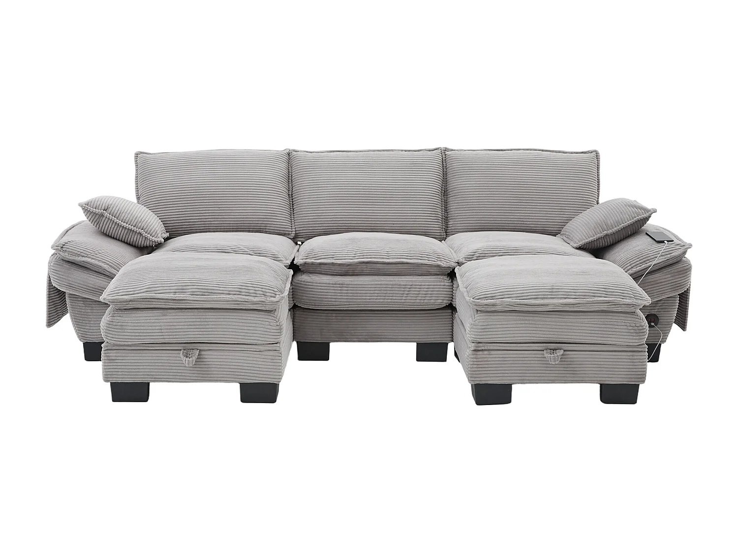 3-Sitzer-Cordsofa-Set – 260 x 132 x 84 cm – mit 2 Aufbewahrungshockern, USB-Anschluss und Taschen – hellgrau