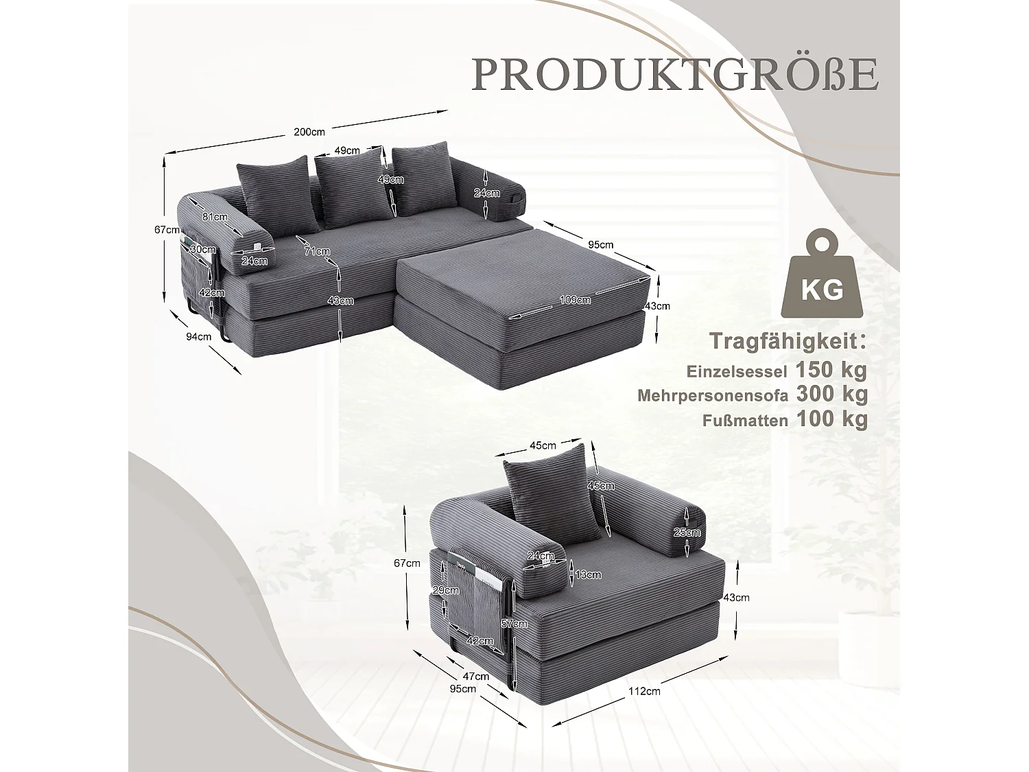 Modulares 4-Sitzer-Sofa-Set – 200 x 190 x 67 cm – mit 4 Kissen + 1 Sessel – Cord – grau
