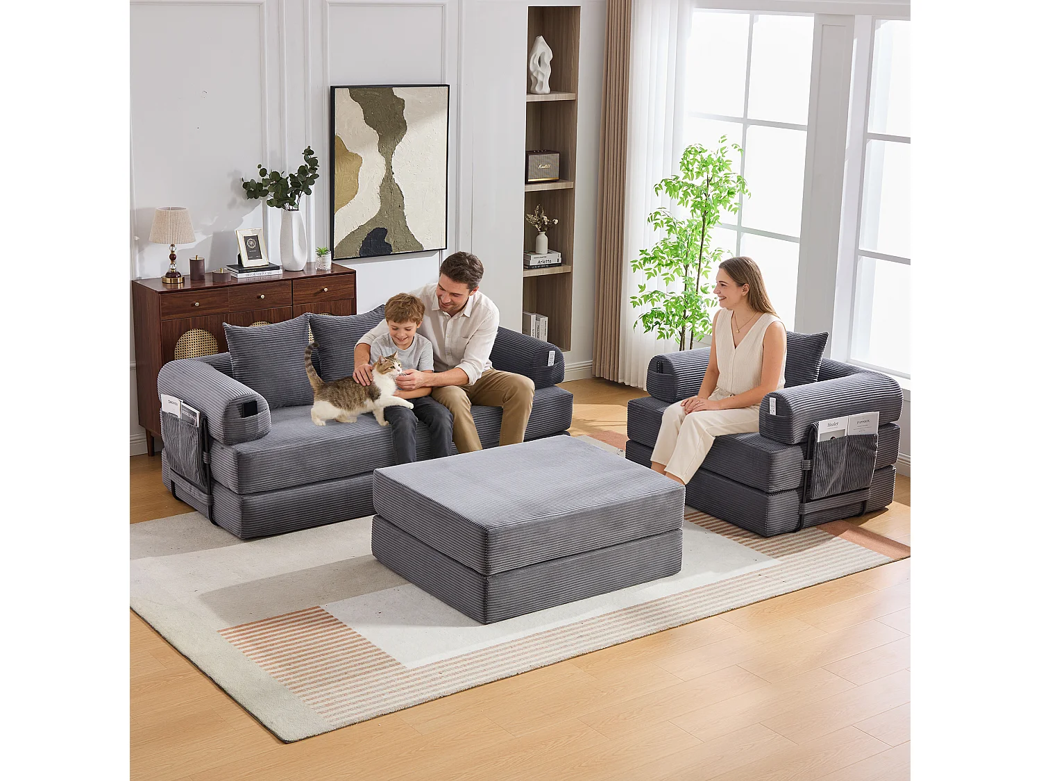 Modulares 4-Sitzer-Sofa-Set – 200 x 190 x 67 cm – mit 4 Kissen + 1 Sessel – Cord – grau