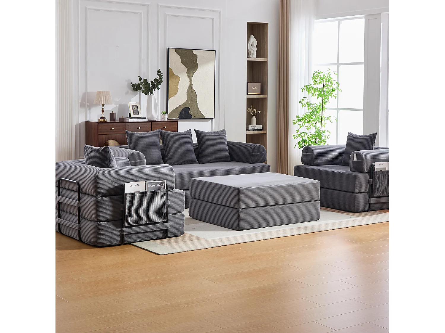 Modulares 4-Sitzer-Sofa-Set – 200 x 190 x 67 cm – mit 4 Kissen + 1 Sessel – Cord – grau