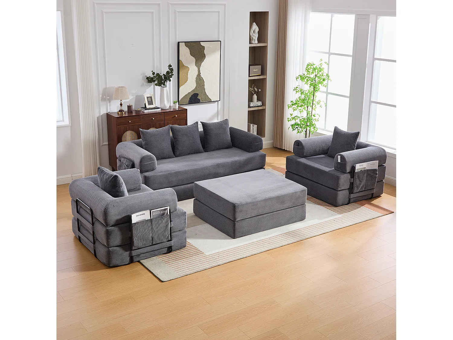Modulares 4-Sitzer-Sofa-Set – 200 x 190 x 67 cm – mit 4 Kissen + 1 Sessel – Cord – grau