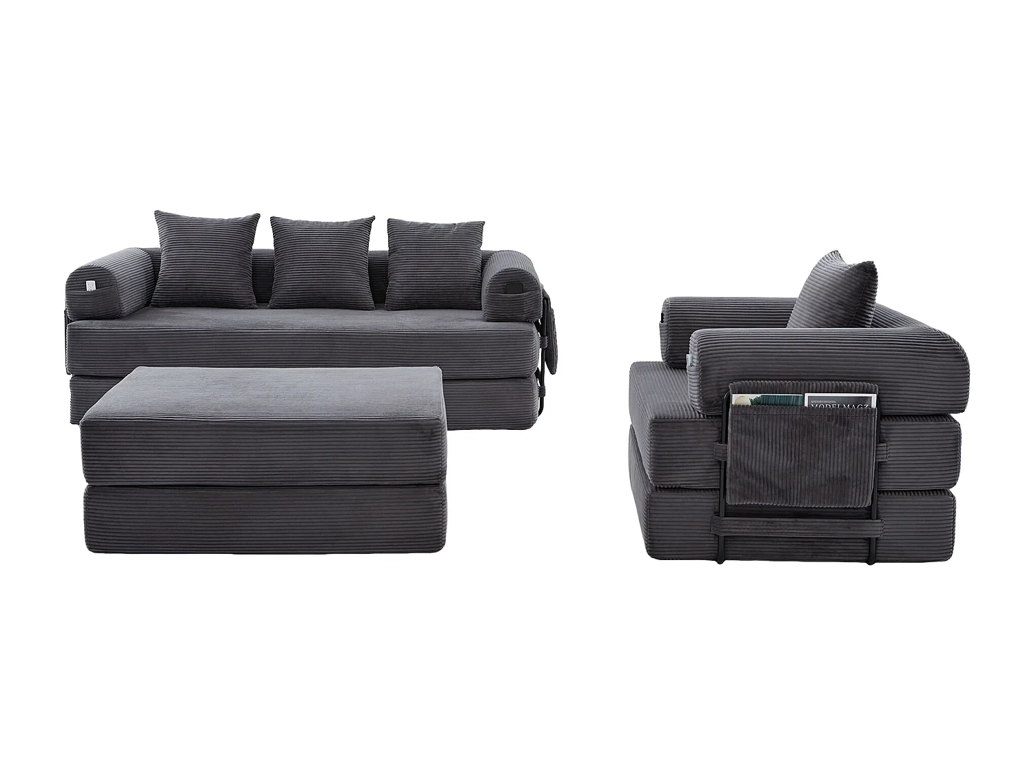 Modulares 4-Sitzer-Sofa-Set – 200 x 190 x 67 cm – mit 4 Kissen + 1 Sessel – Cord – grau