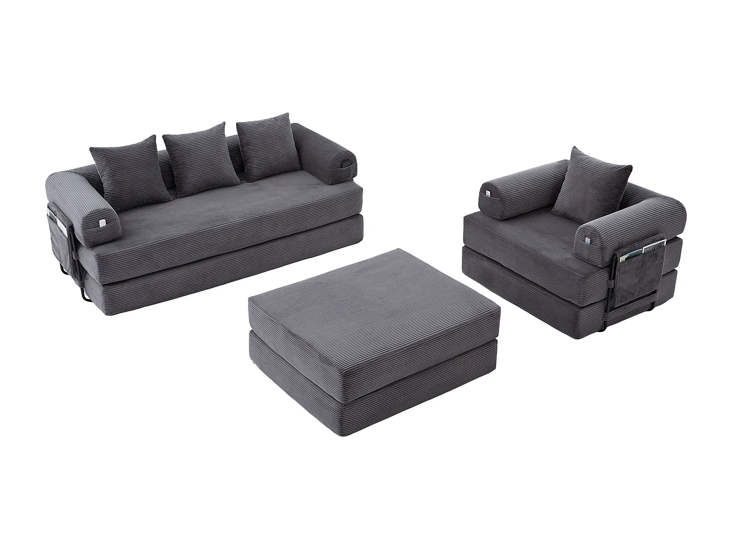 Modulares 4-Sitzer-Sofa-Set – 200 x 190 x 67 cm – mit 4 Kissen + 1 Sessel – Cord – grau