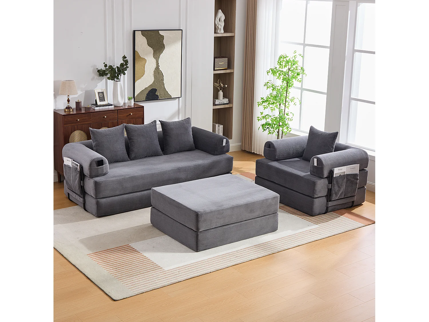 Modulares 4-Sitzer-Sofa-Set – 200 x 190 x 67 cm – mit 4 Kissen + 1 Sessel – Cord – grau