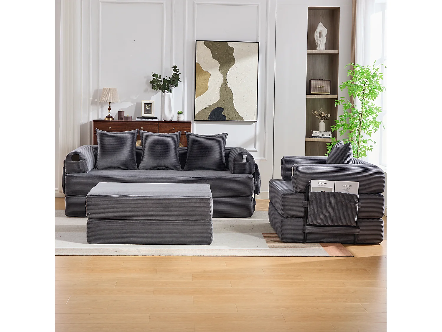 Modulares 4-Sitzer-Sofa-Set – 200 x 190 x 67 cm – mit 4 Kissen + 1 Sessel – Cord – grau