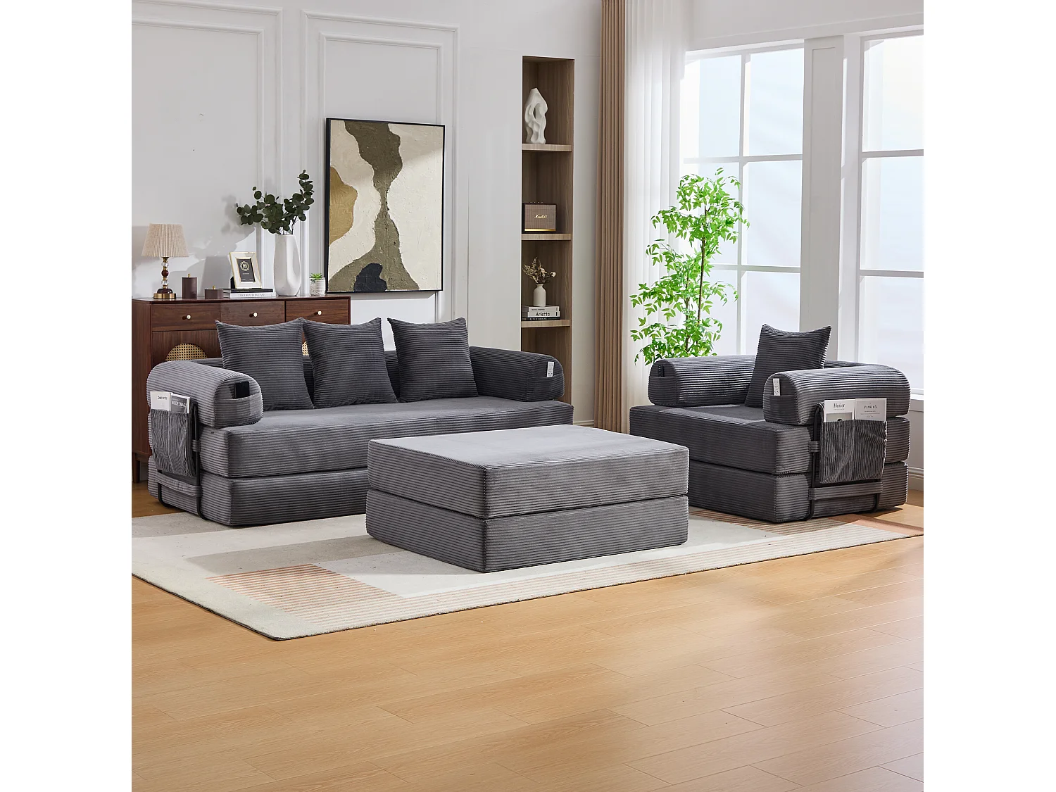 Modulares 4-Sitzer-Sofa-Set – 200 x 190 x 67 cm – mit 4 Kissen + 1 Sessel – Cord – grau