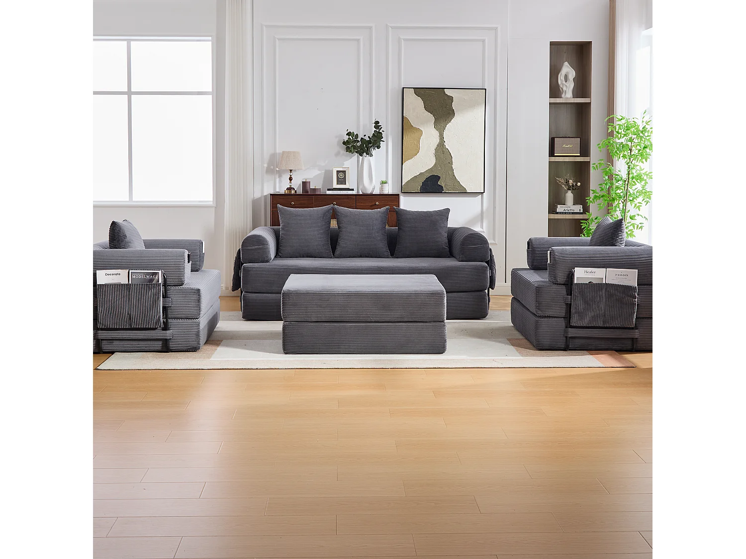 Modulares 4-Sitzer-Sofa-Set – 200 x 190 x 67 cm – mit 4 Kissen + 1 Sessel – Cord – grau