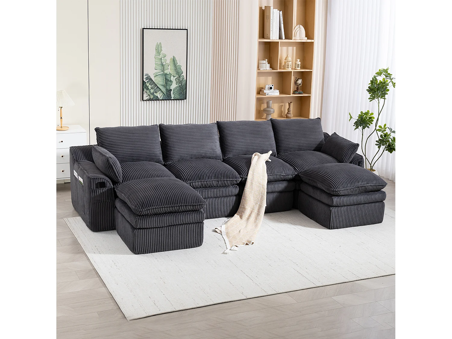 Modułowy zestaw wypoczynkowy z 4-osobową sofą z kordu - 335 x 167 x 85 cm - z 2 pufami + poduszkami + 2 kieszeniami - ciemnoszary