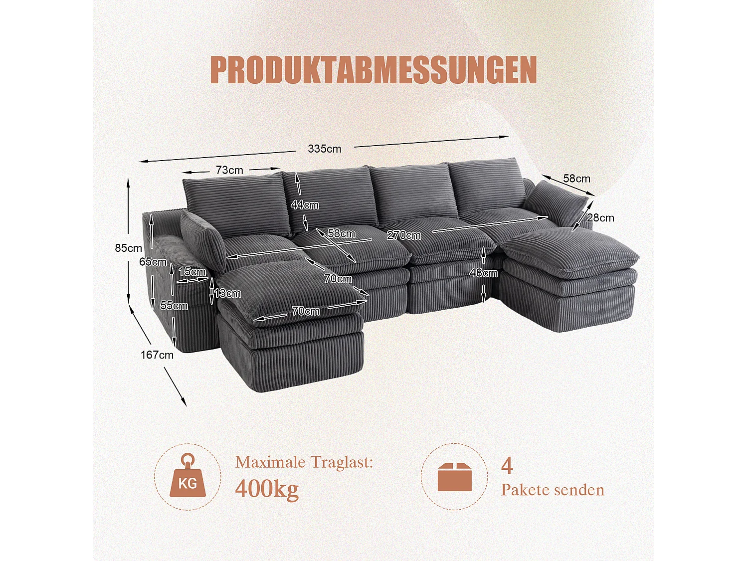 Modułowy zestaw wypoczynkowy z 4-osobową sofą z kordu - 335 x 167 x 85 cm - z 2 pufami + poduszkami + 2 kieszeniami - ciemnoszary