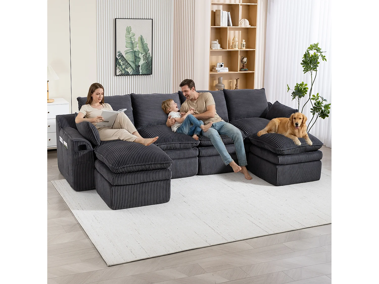 Modułowy zestaw wypoczynkowy z 4-osobową sofą z kordu - 335 x 167 x 85 cm - z 2 pufami + poduszkami + 2 kieszeniami - ciemnoszary