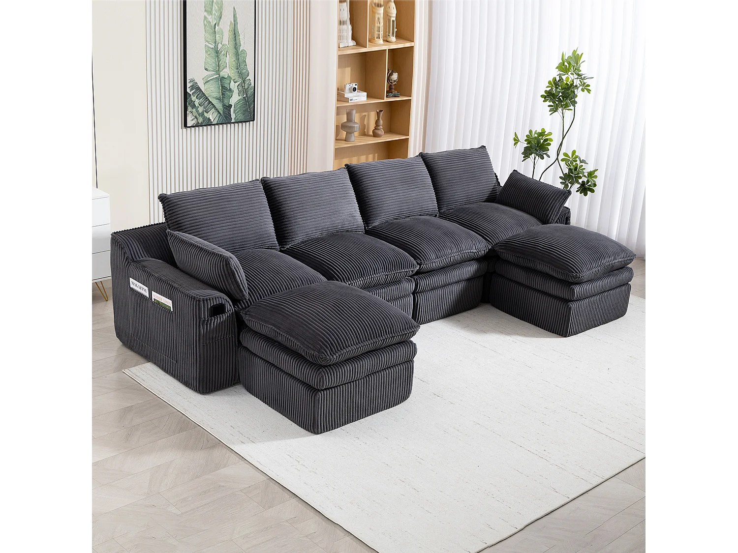 Modułowy zestaw wypoczynkowy z 4-osobową sofą z kordu - 335 x 167 x 85 cm - z 2 pufami + poduszkami + 2 kieszeniami - ciemnoszary