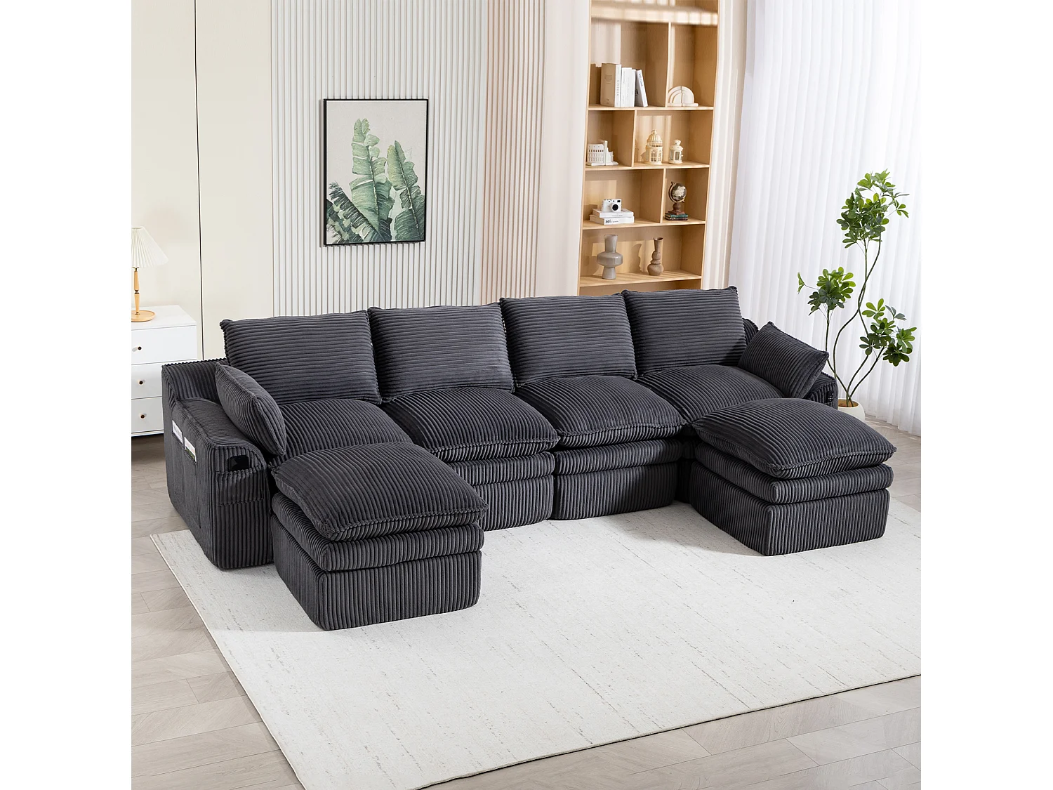 Modułowy zestaw wypoczynkowy z 4-osobową sofą z kordu - 335 x 167 x 85 cm - z 2 pufami + poduszkami + 2 kieszeniami - ciemnoszary