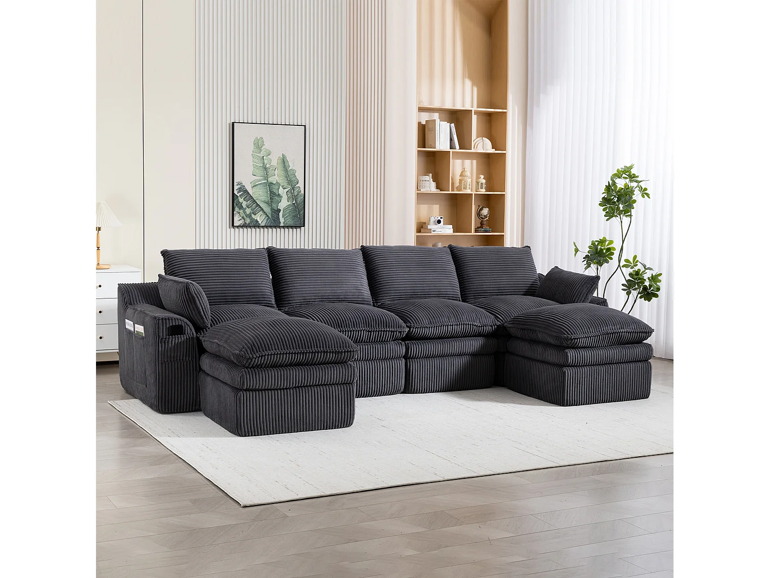 Modułowy zestaw wypoczynkowy z 4-osobową sofą z kordu - 335 x 167 x 85 cm - z 2 pufami + poduszkami + 2 kieszeniami - ciemnoszary