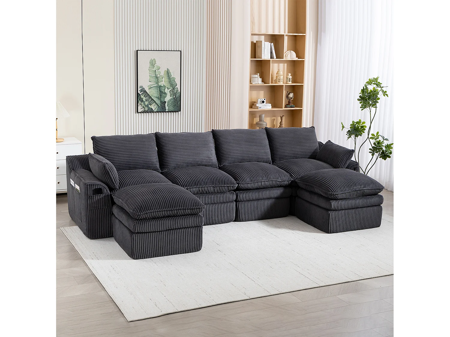 Modułowy zestaw wypoczynkowy z 4-osobową sofą z kordu - 335 x 167 x 85 cm - z 2 pufami + poduszkami + 2 kieszeniami - ciemnoszary