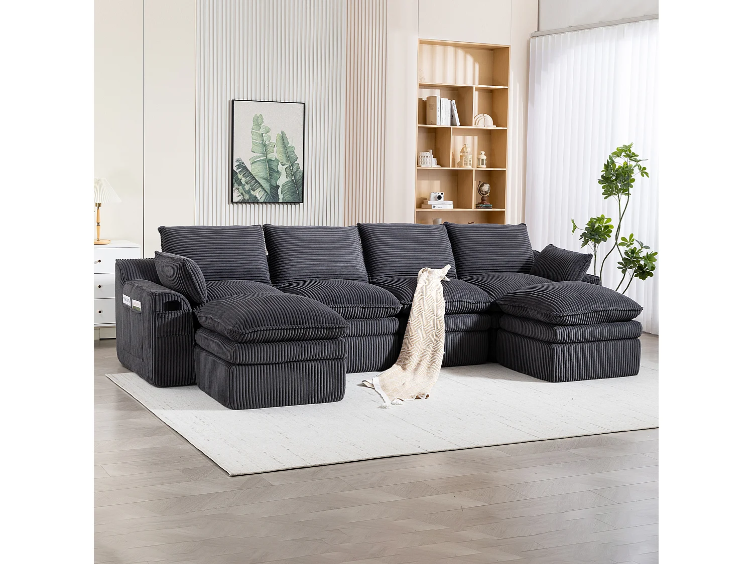 Modułowy zestaw wypoczynkowy z 4-osobową sofą z kordu - 335 x 167 x 85 cm - z 2 pufami + poduszkami + 2 kieszeniami - ciemnoszary