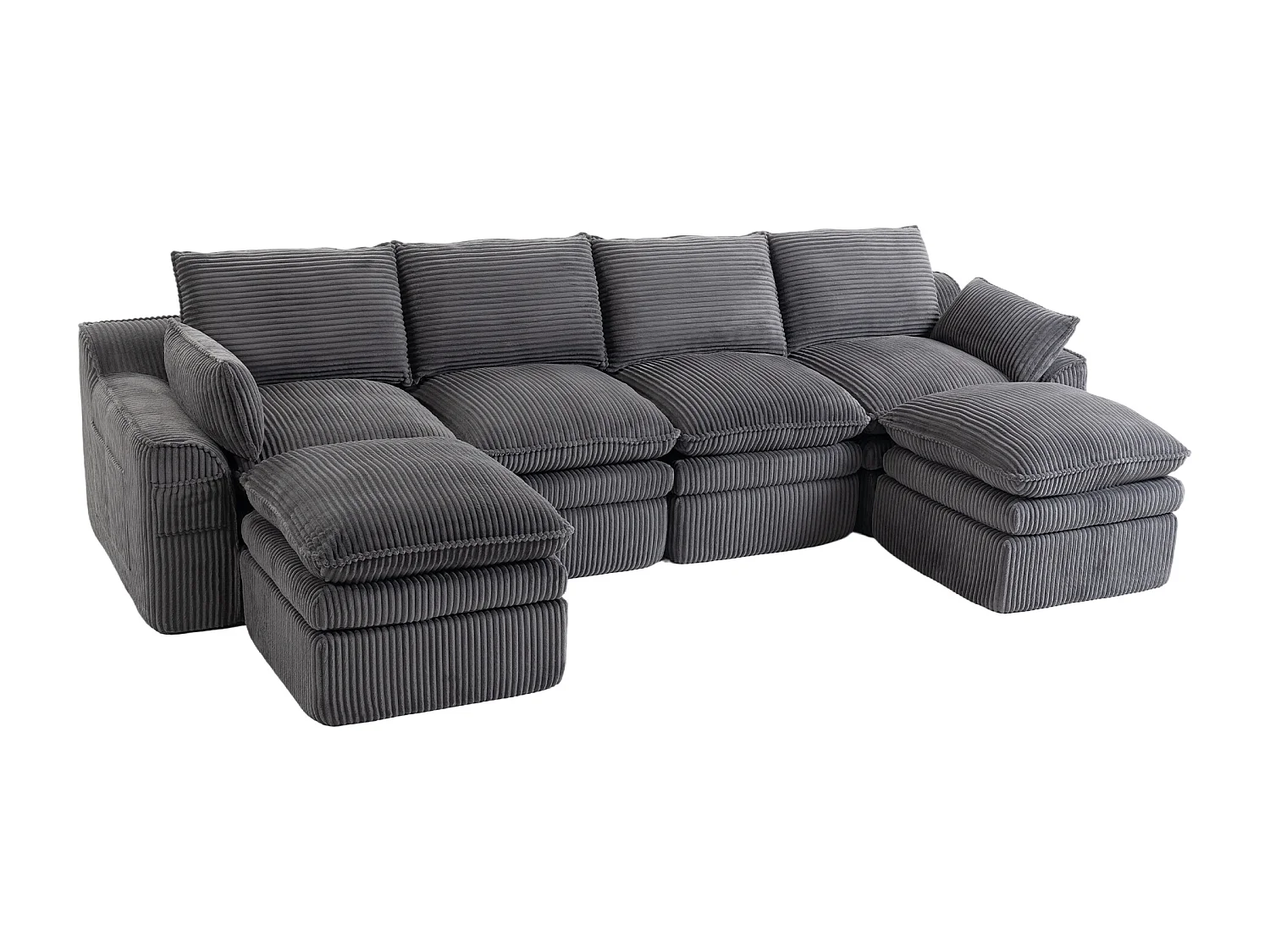 Modułowy zestaw wypoczynkowy z 4-osobową sofą z kordu - 335 x 167 x 85 cm - z 2 pufami + poduszkami + 2 kieszeniami - ciemnoszary