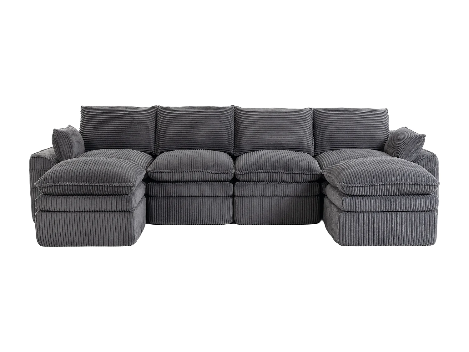 Modułowy zestaw wypoczynkowy z 4-osobową sofą z kordu - 335 x 167 x 85 cm - z 2 pufami + poduszkami + 2 kieszeniami - ciemnoszary